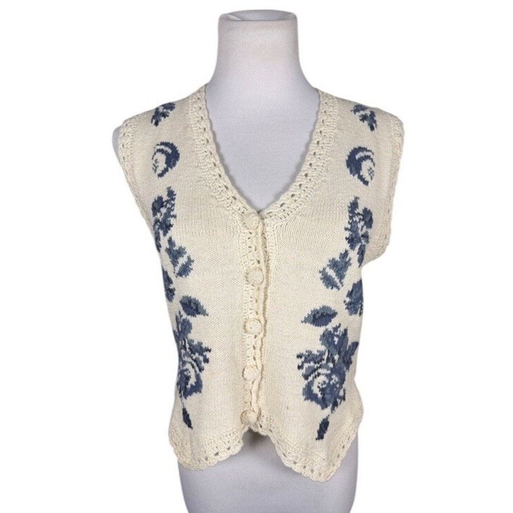 Mixit Womens Medium Floral Striped Knit Sweater Vest Blue Cream Ramie Cotton